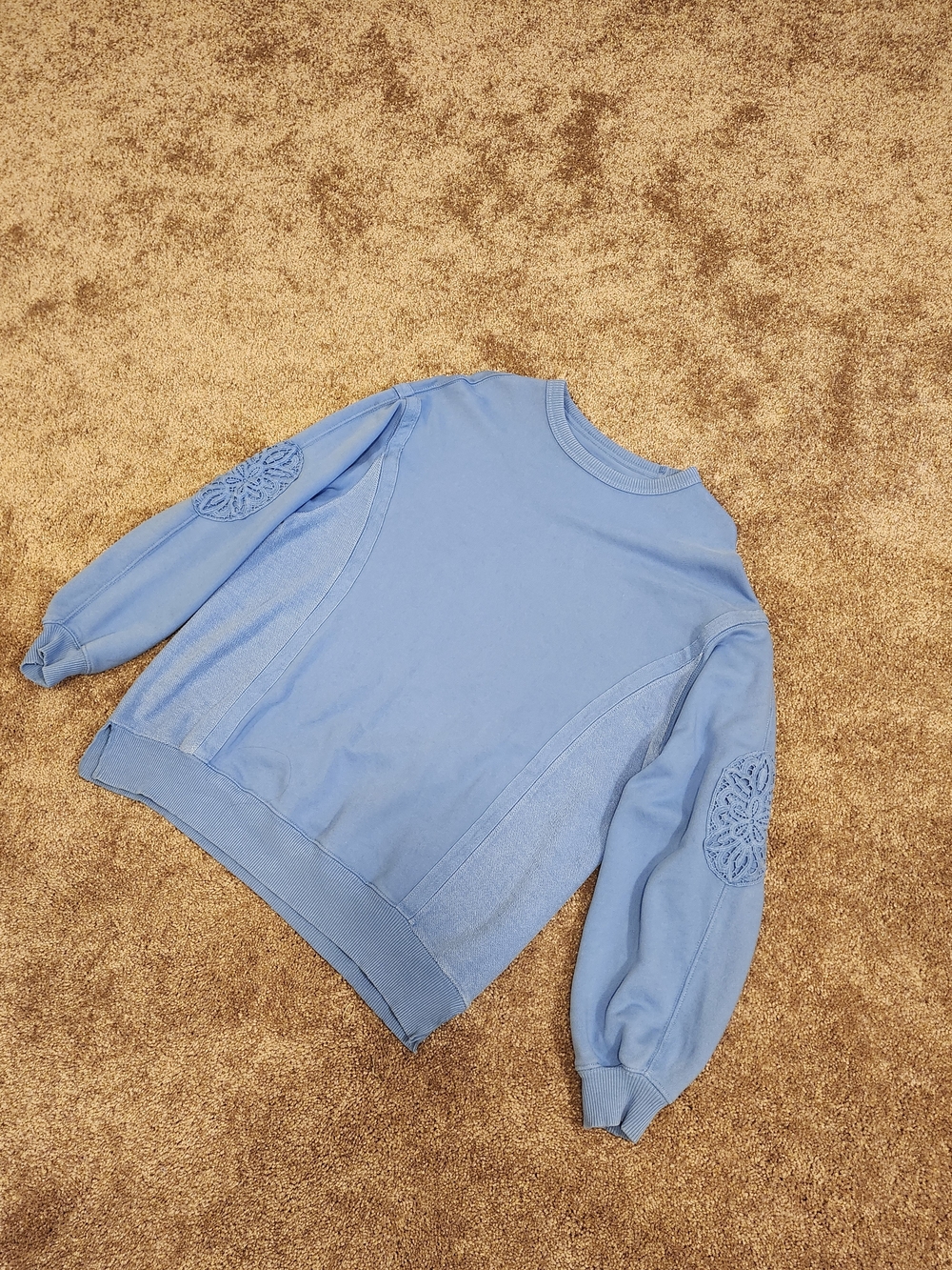 Light Blue Women's Pullover Sweater with Embroidered Elbow Detail